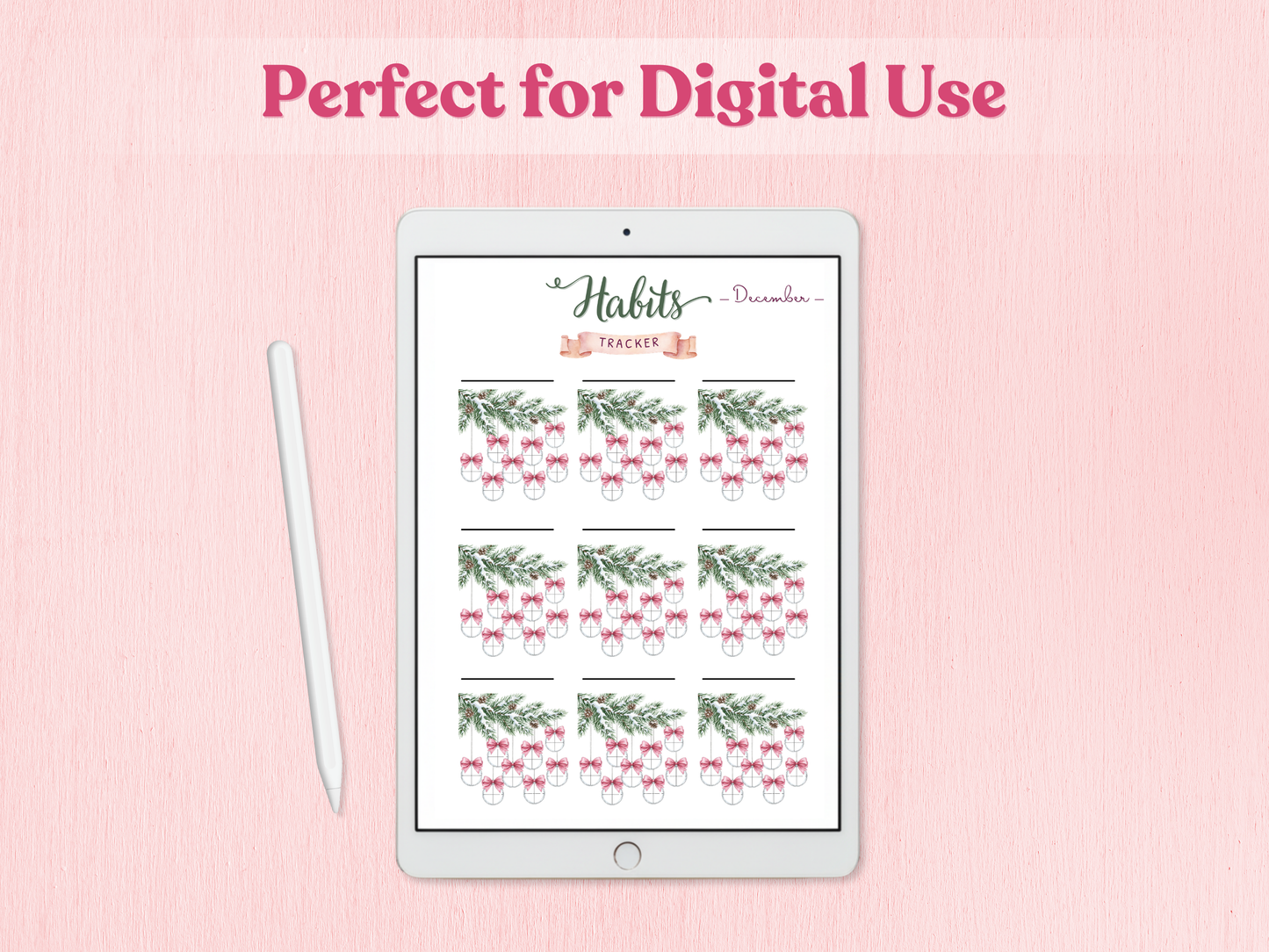 Digital habits planner on a tablet with 'Perfect for Digital Use' text on a pink background