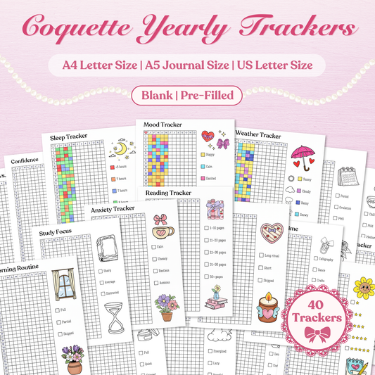 Collection of yearly trackers with various activities on a pink background