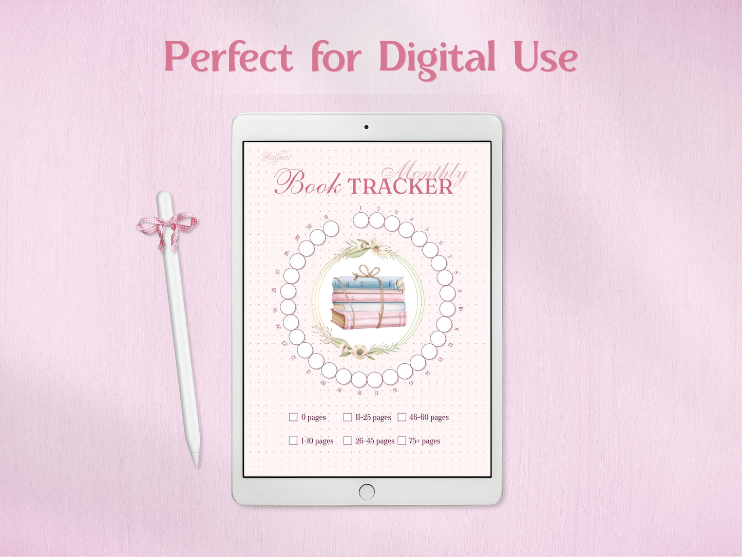 A tablet displaying the circular monthly book tracker with a white stylus next to it. Demonstrates the digital compatibility of the Reading Journal for planning apps like Goodnotes or Notability.