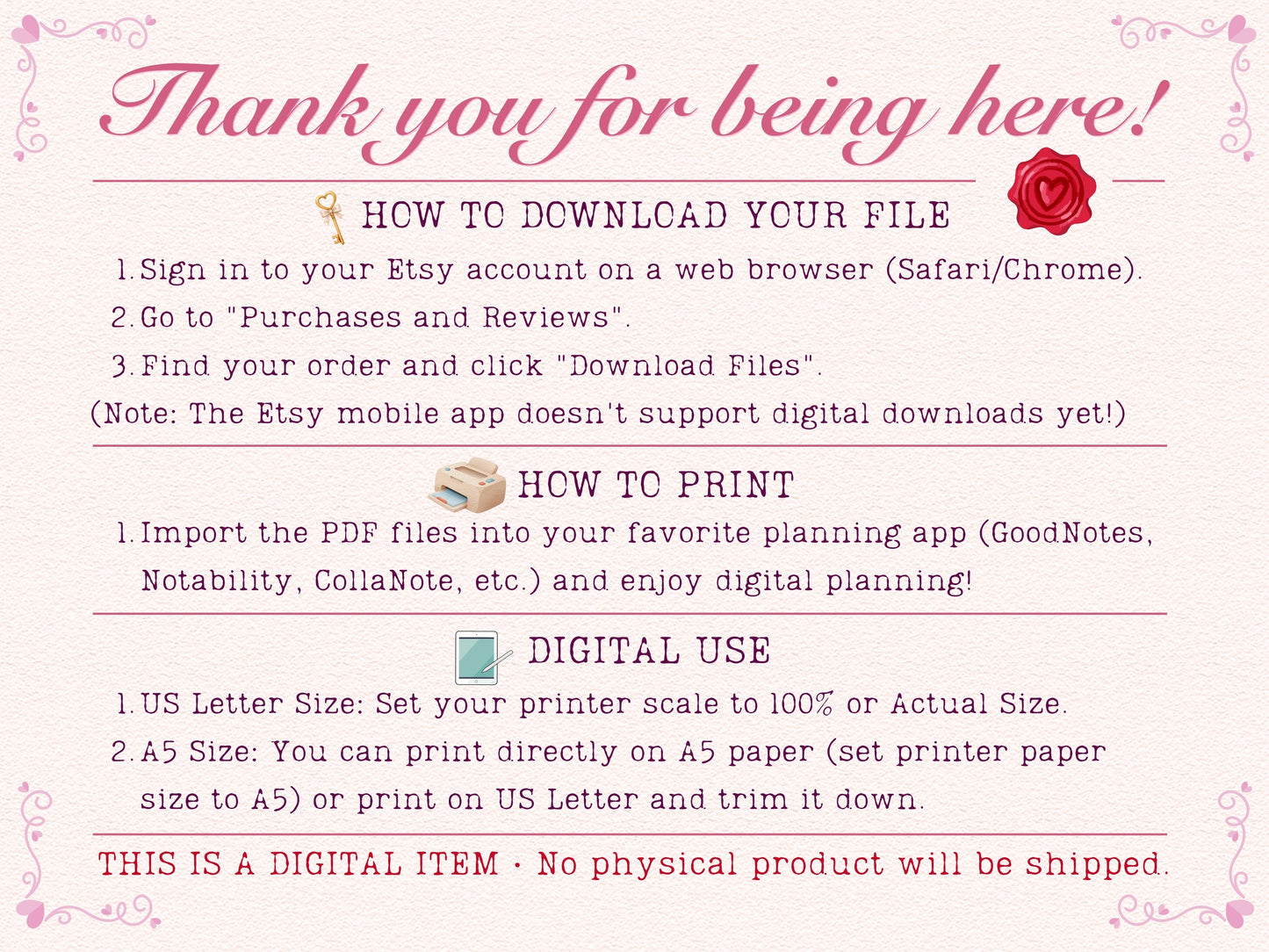 An aesthetic informational step-by-step guide page titled 'Thank you for being here!' for a bullet journal. Outlines instructions on how to download files from an Etsy account, how to print them in US Letter and A5 sizes, and how to import them for digital use in planning apps.