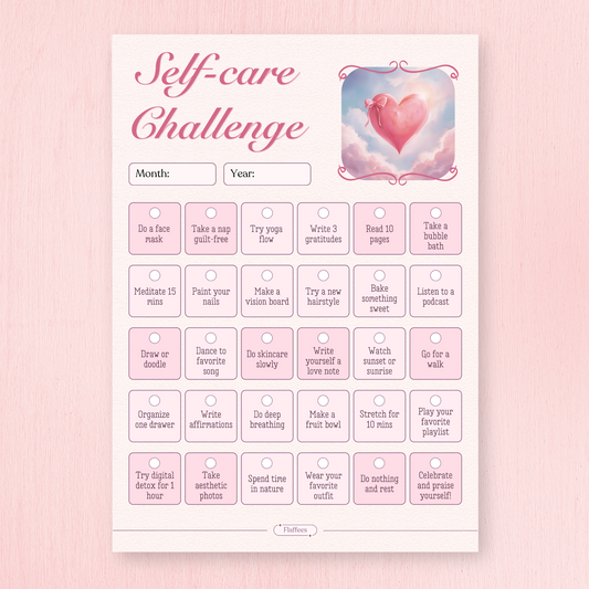 Self-care challenge calendar with coquette design on a pink background