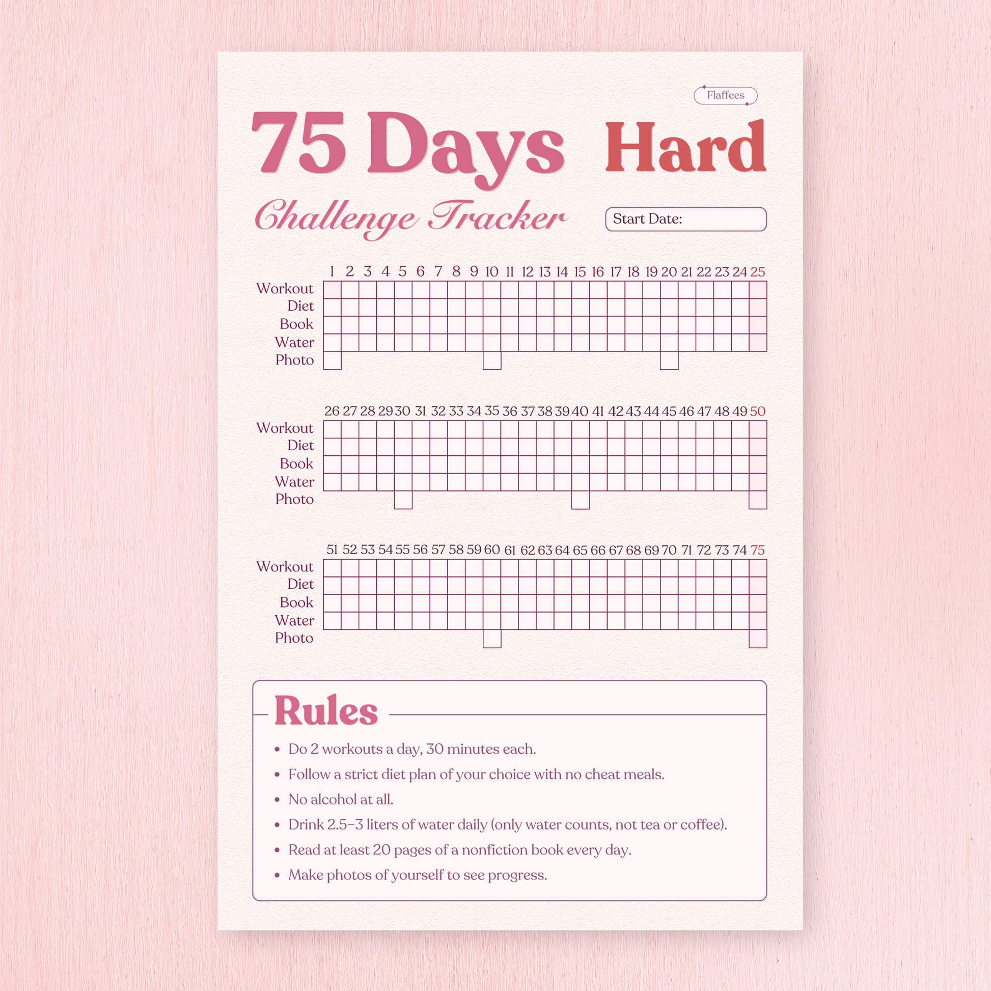 75 Days Hard Challenge Tracker on a pink background