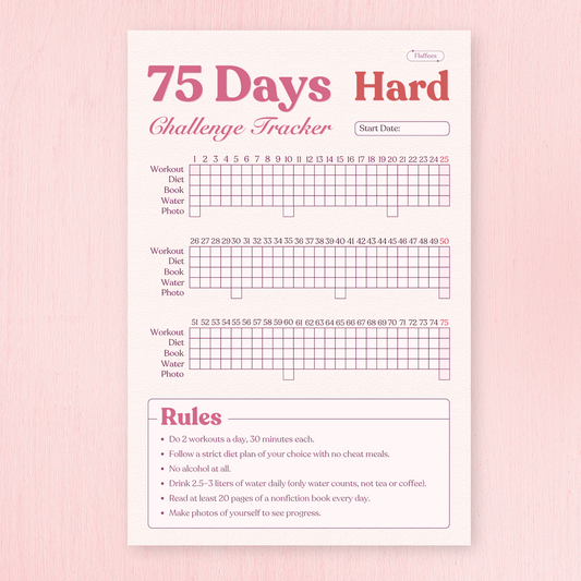75 Days Hard Challenge Tracker on a pink background
