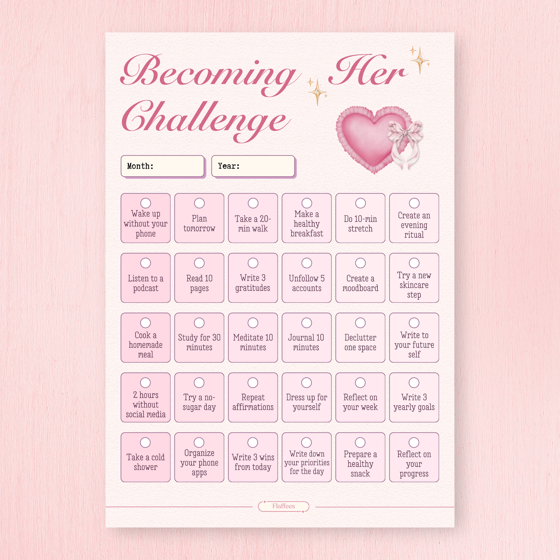 Coquette 'Becoming Her Challenge' planner with various self-care activities on a pink background