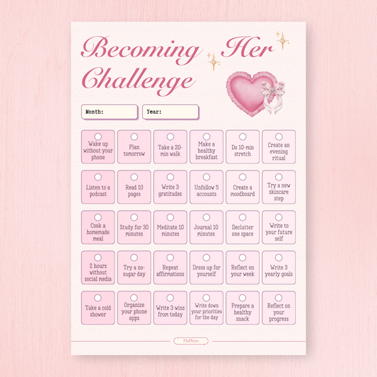 Coquette 'Becoming Her Challenge' planner with various self-care activities on a pink background