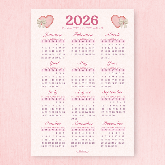 2026 calendar with coquette design on a pink background