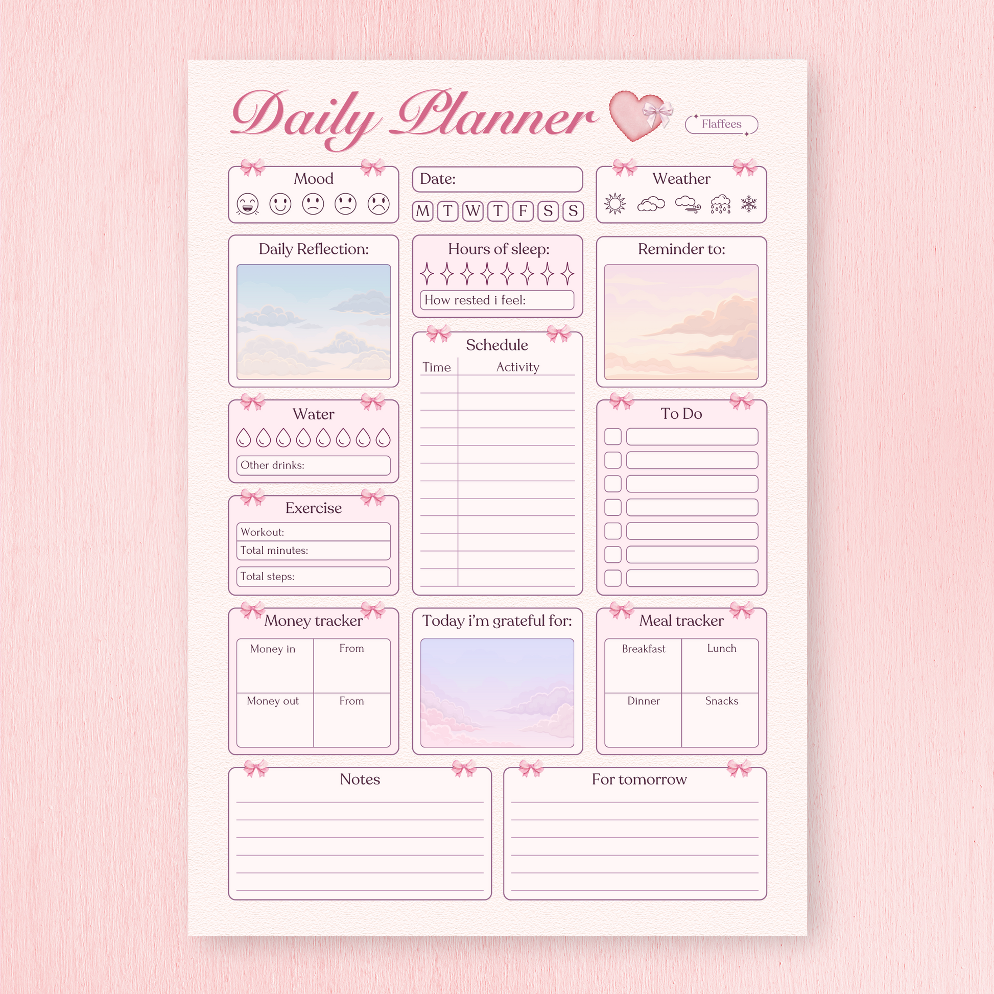 Coquette Daily planner sheet with various sections on a pink background