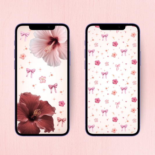 Two smartphones displaying floral and bow patterned wallpapers on a pink background