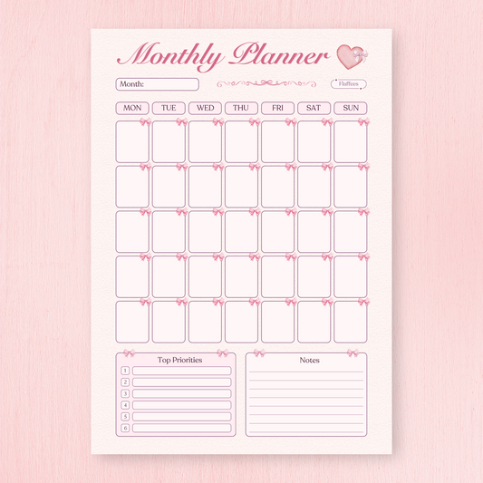 Monthly planner with coquette designs on a pink background