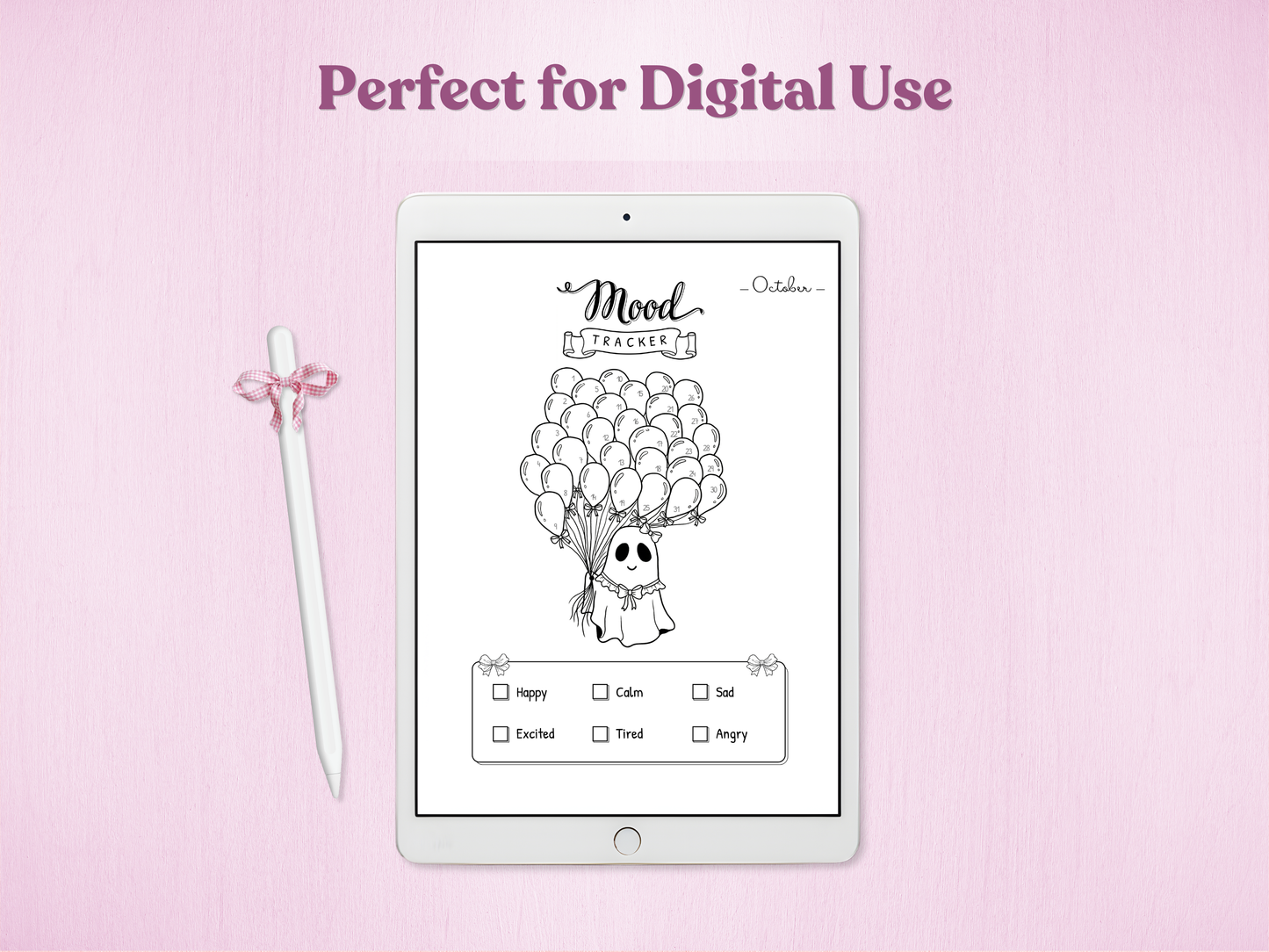 Digital coquette bullet journal on an iPad, showing a black and white October mood tracker with a cute ghost and an Apple Pencil with a pink bow
