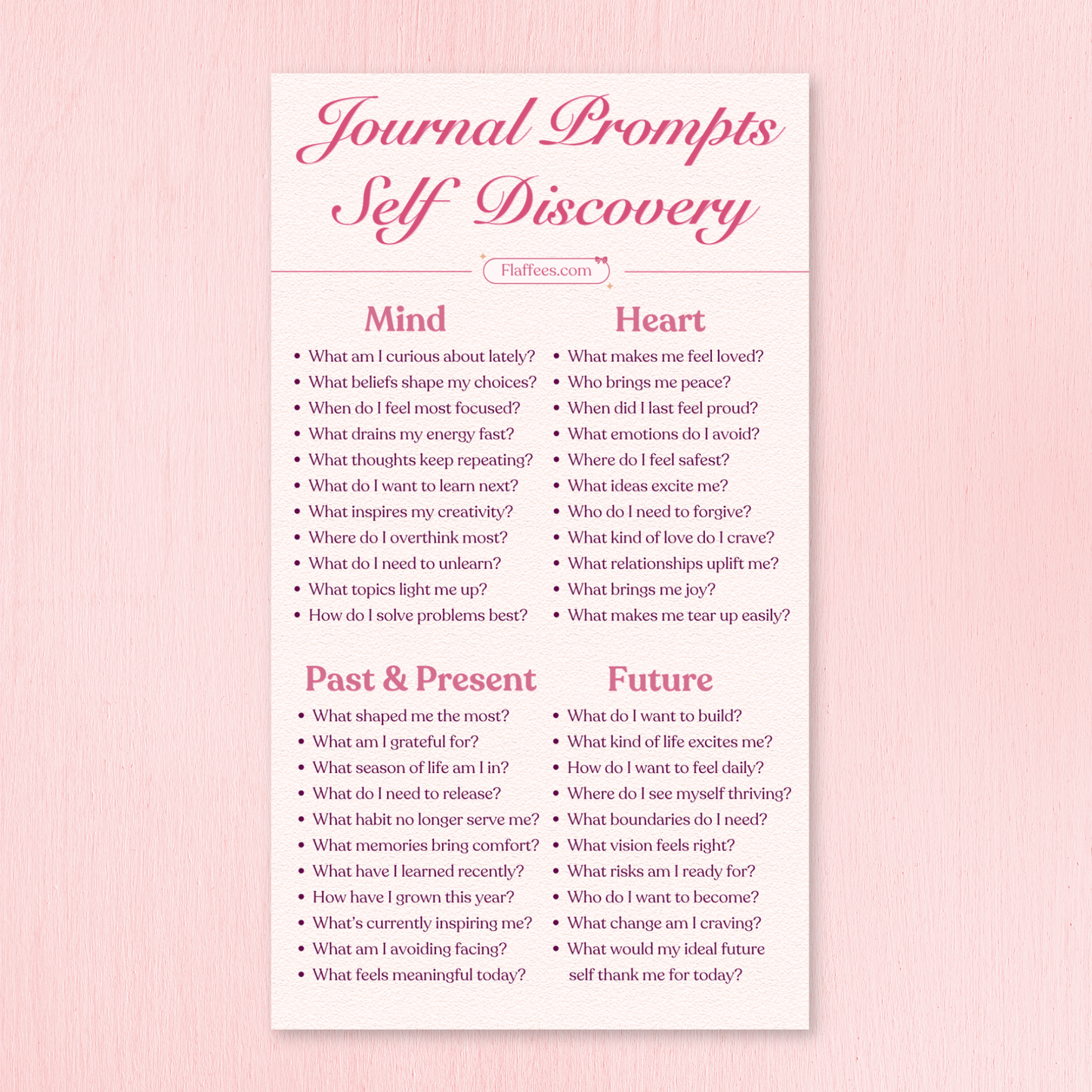 Sheet of journal prompts for self-discovery on a pink background