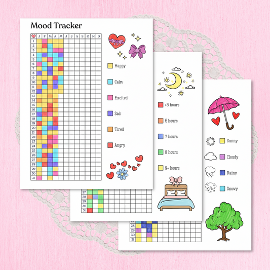 Mood tracker, sleep tracker and weather tracker on a pink background