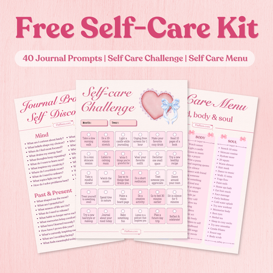 Free self-care kit with journal prompts, self-care challenge, and menu on a pink background