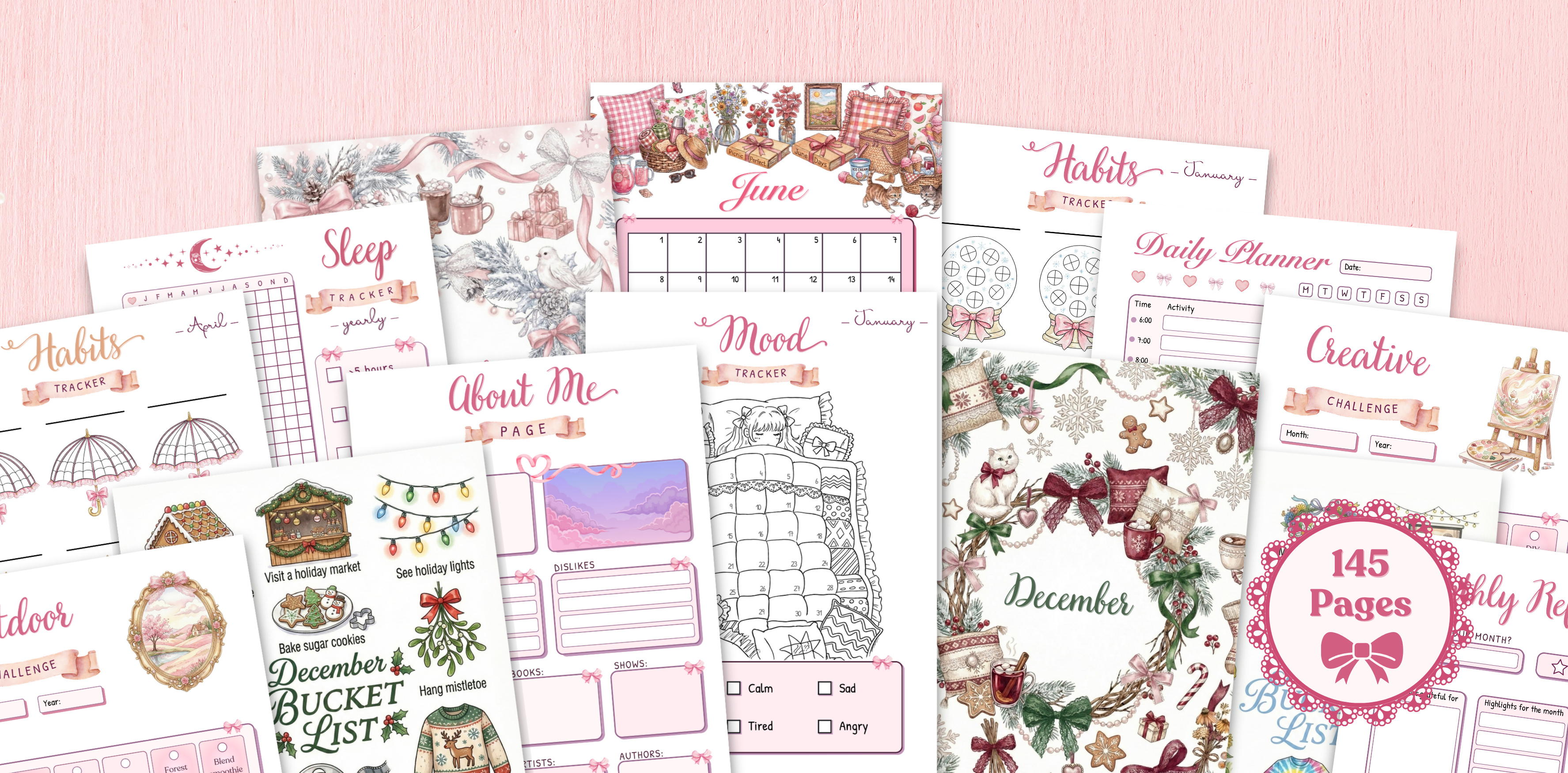 Collection of planner pages with various designs on a pink background