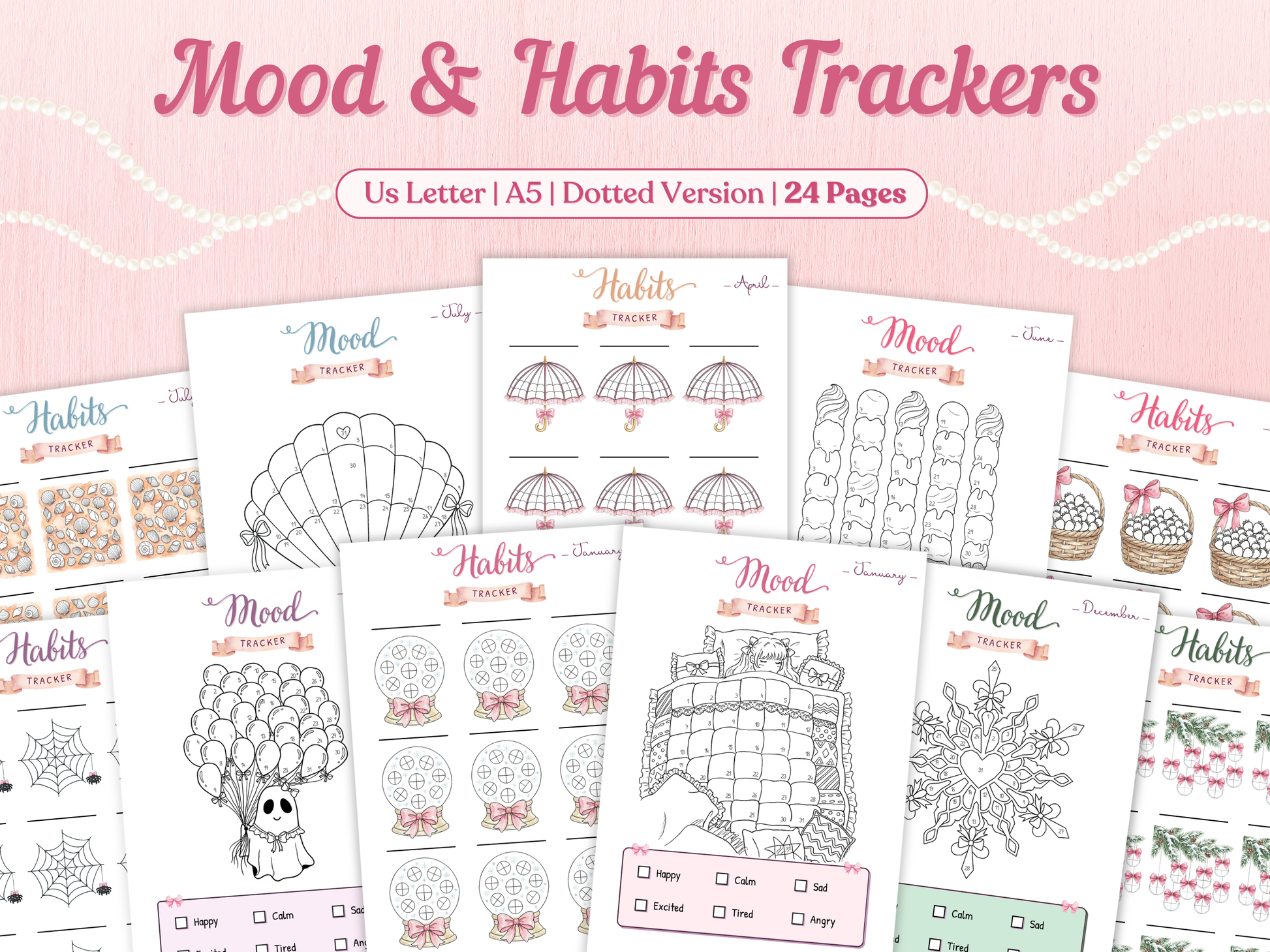 Mood and habits trackers with various designs on a pink background