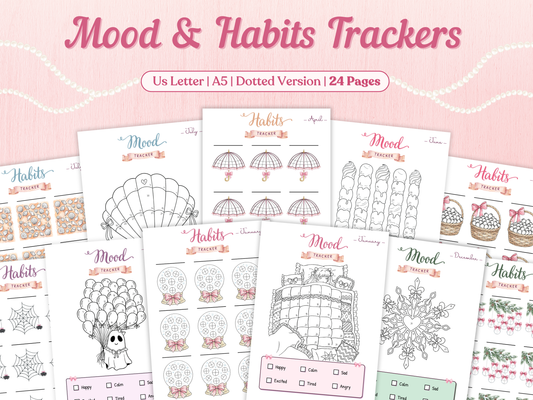 Mood and habits trackers with various designs on a pink background