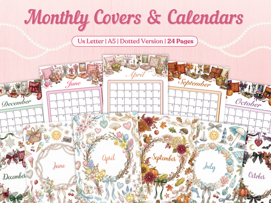 Collection of monthly calendar covers with floral designs on a pink background