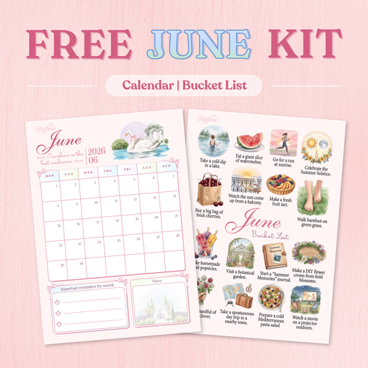 A preview image titled "FREE JUNE KIT" showing both the monthly calendar and the summer bucket list pages against a soft pink wooden background.