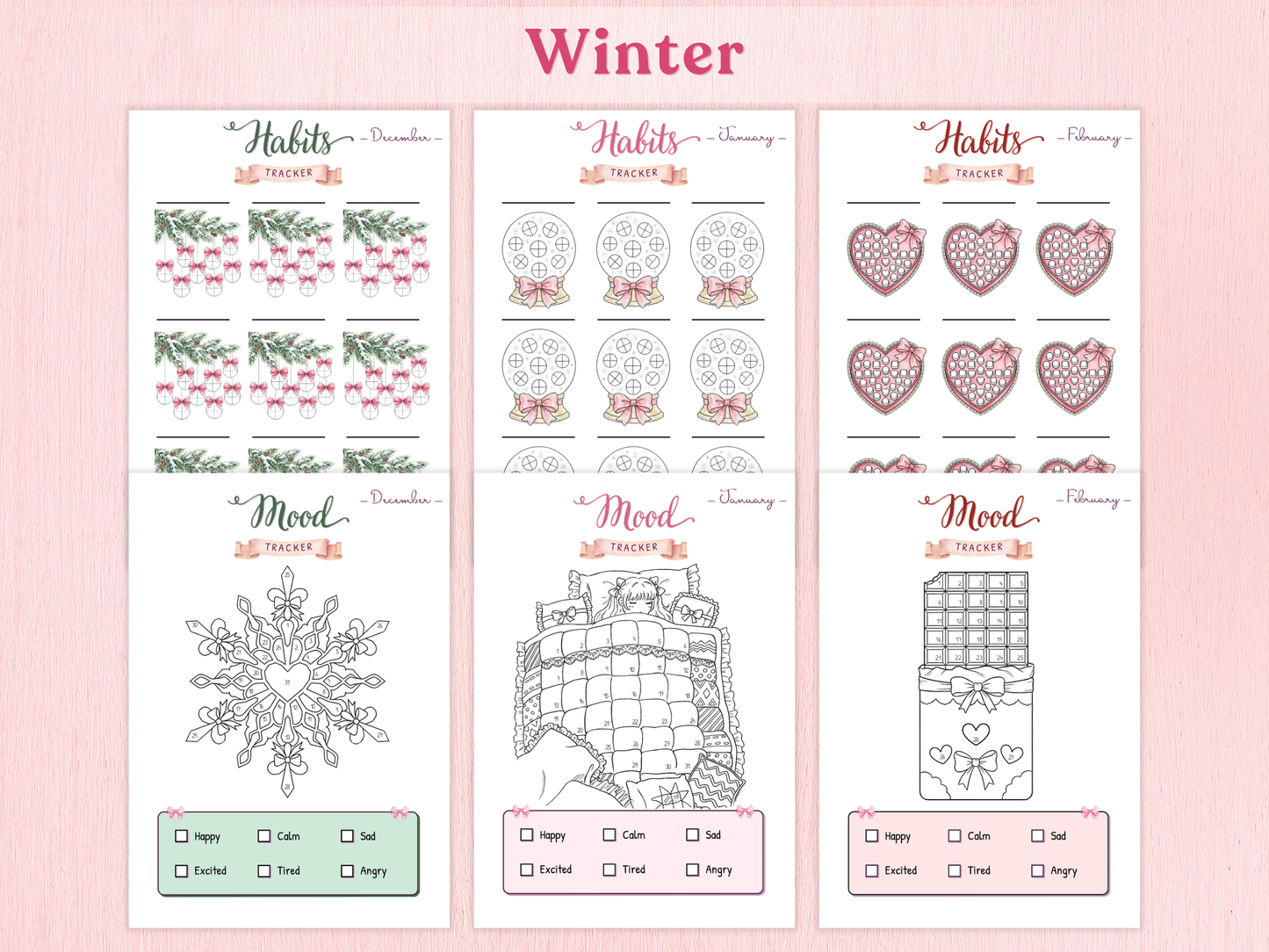 Set of winter-themed Tracker pages on a pink background