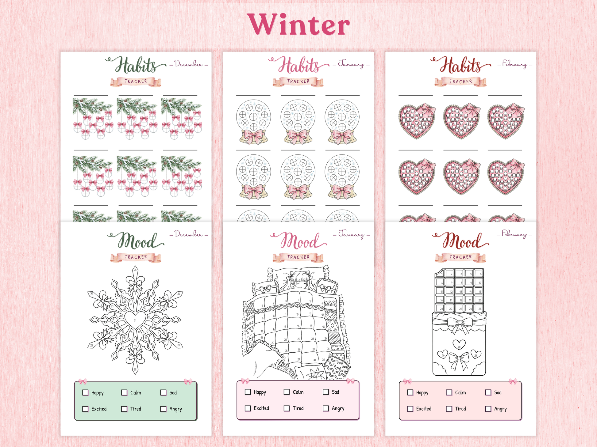Set of winter-themed Tracker pages on a pink background