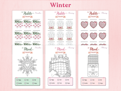Set of winter-themed Tracker pages on a pink background