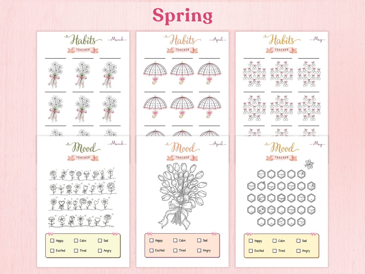 Three spring-themed habit trackers on a pink background