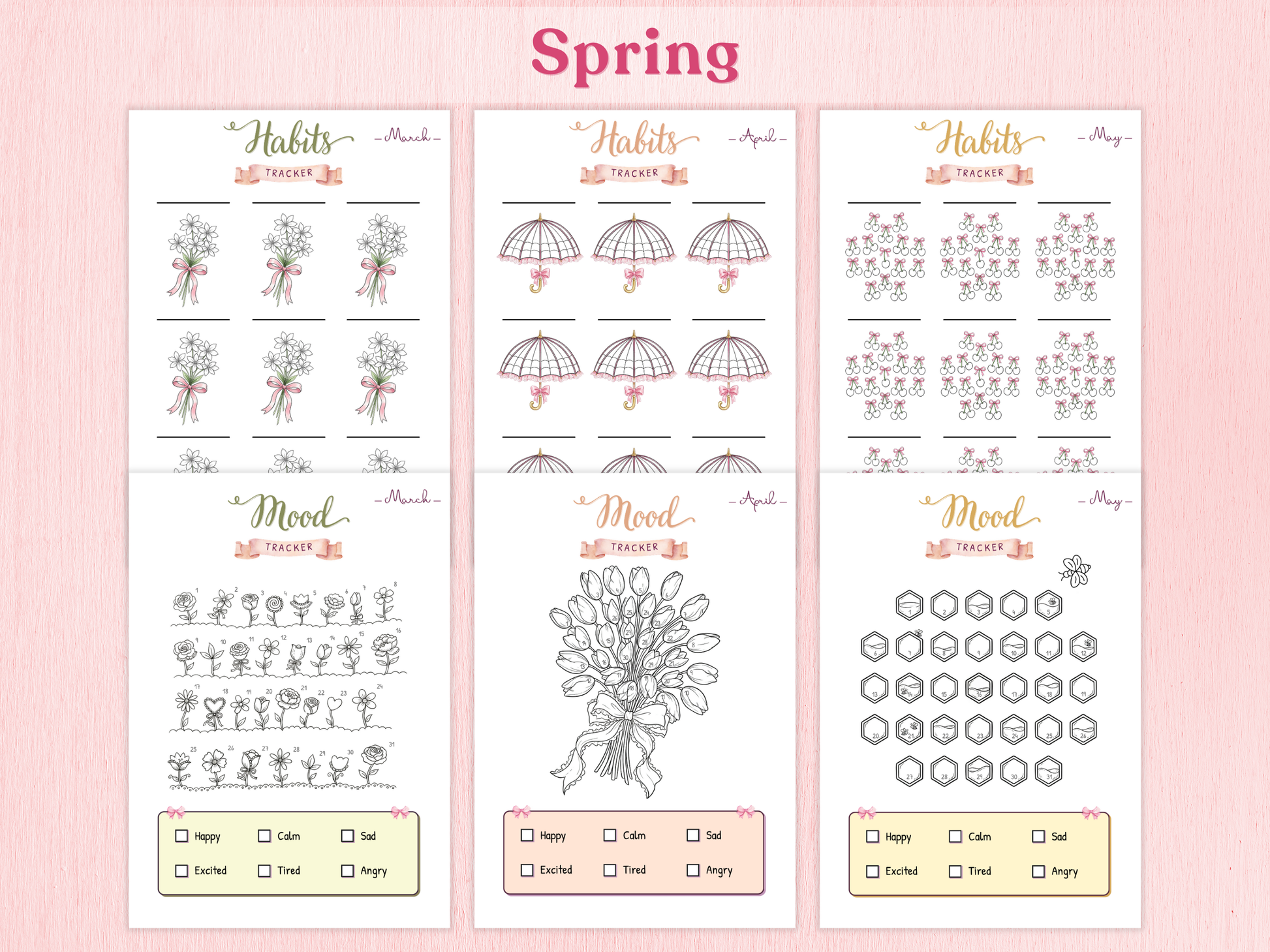 Three spring-themed habit trackers on a pink background