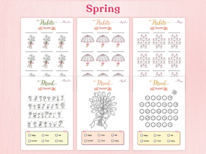 Three spring-themed habit trackers on a pink background