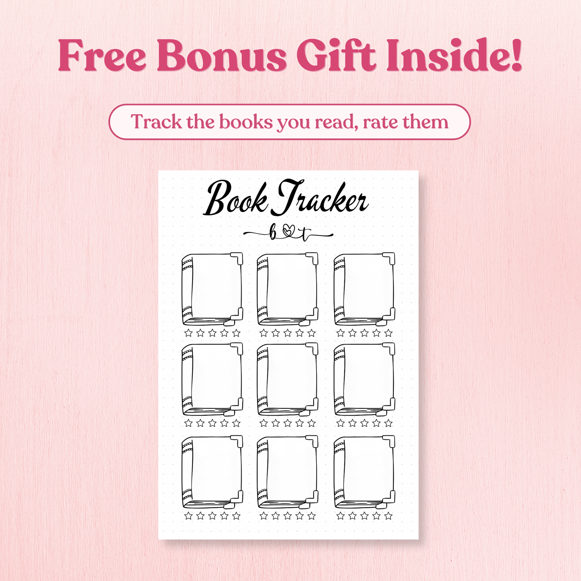 Book Tracker sheet with text on a pink background