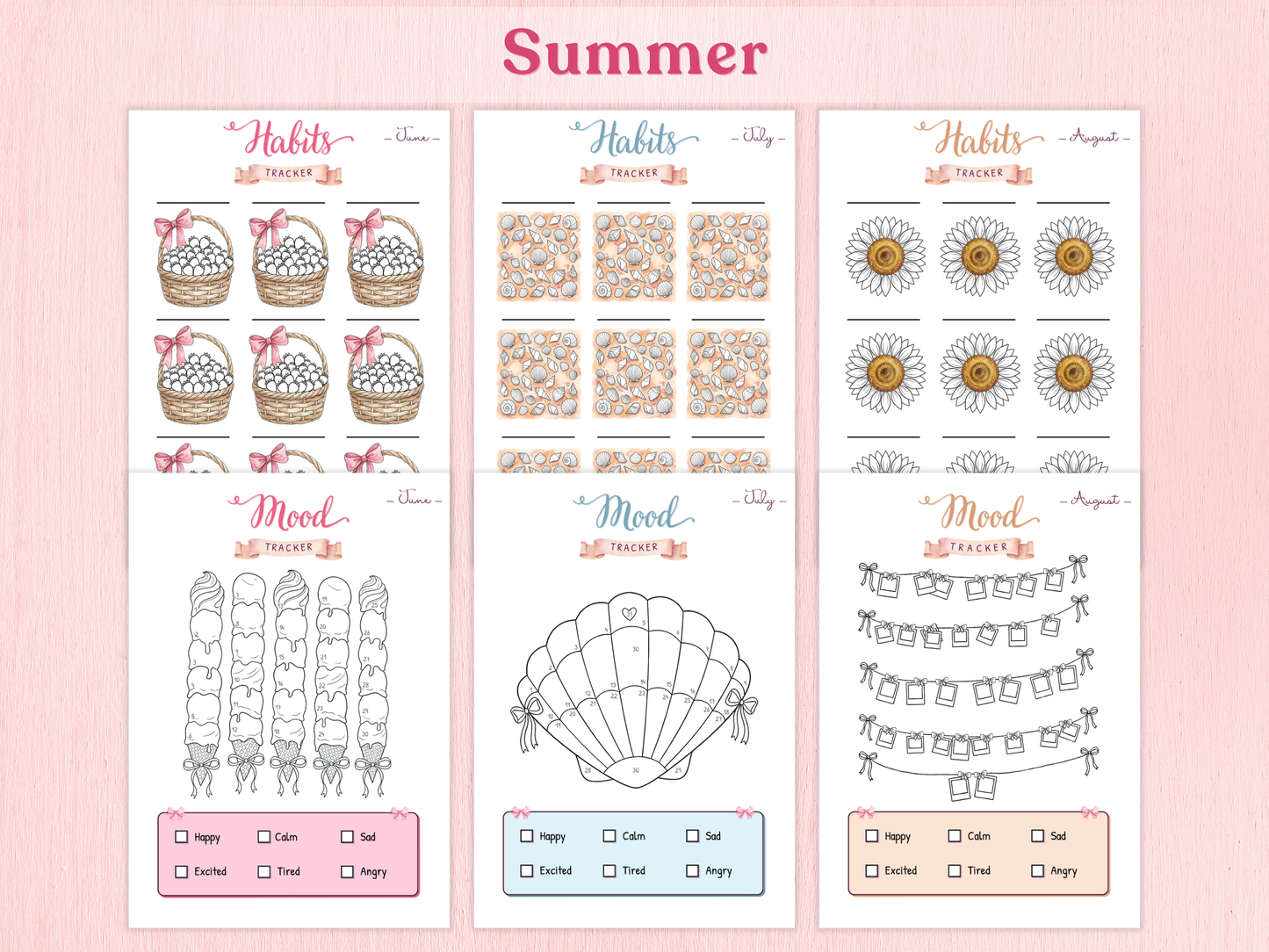 Three summer-themed habit trackers on a pink background