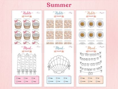 Three summer-themed habit trackers on a pink background