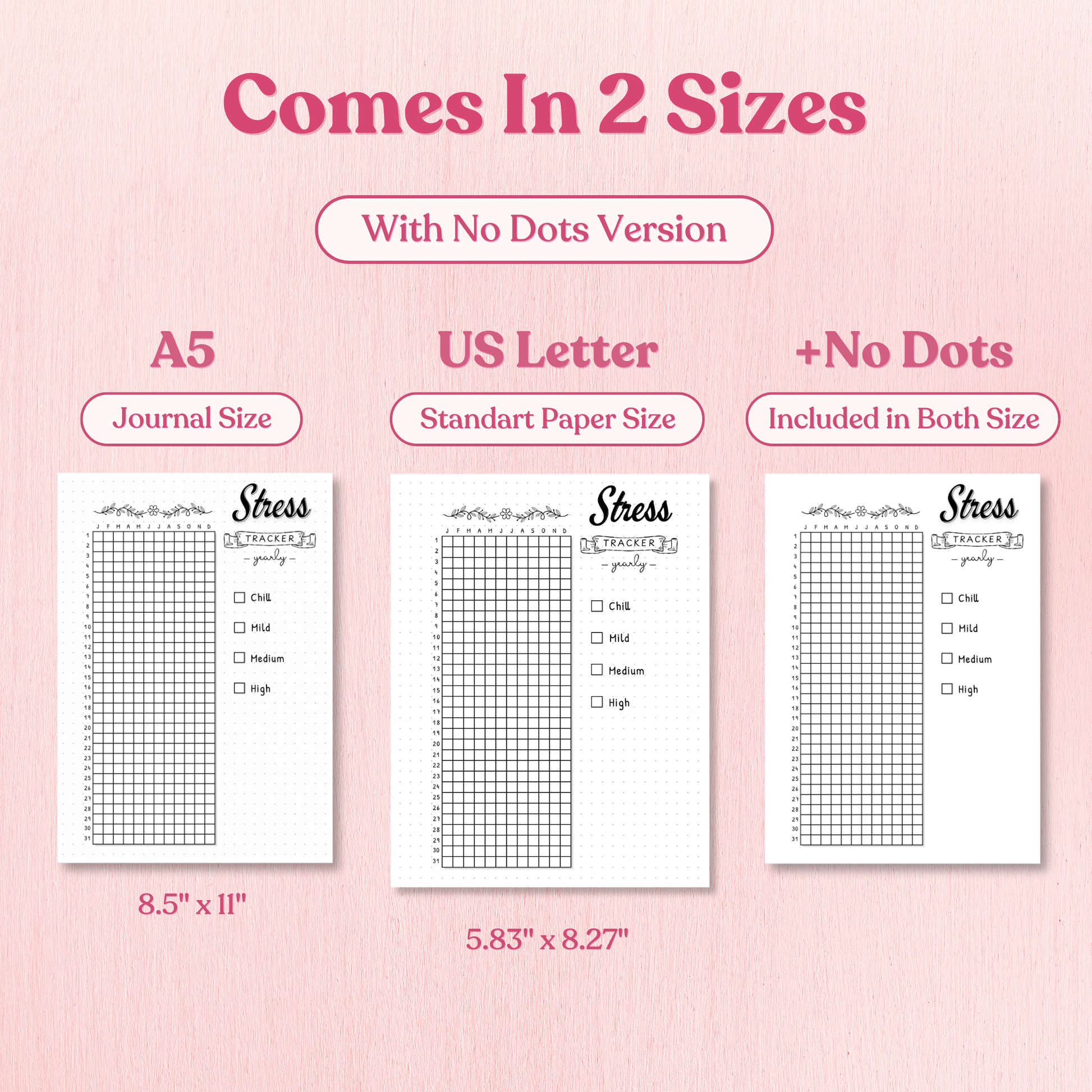 Three stress tracking sheets with different sizes on a pink background