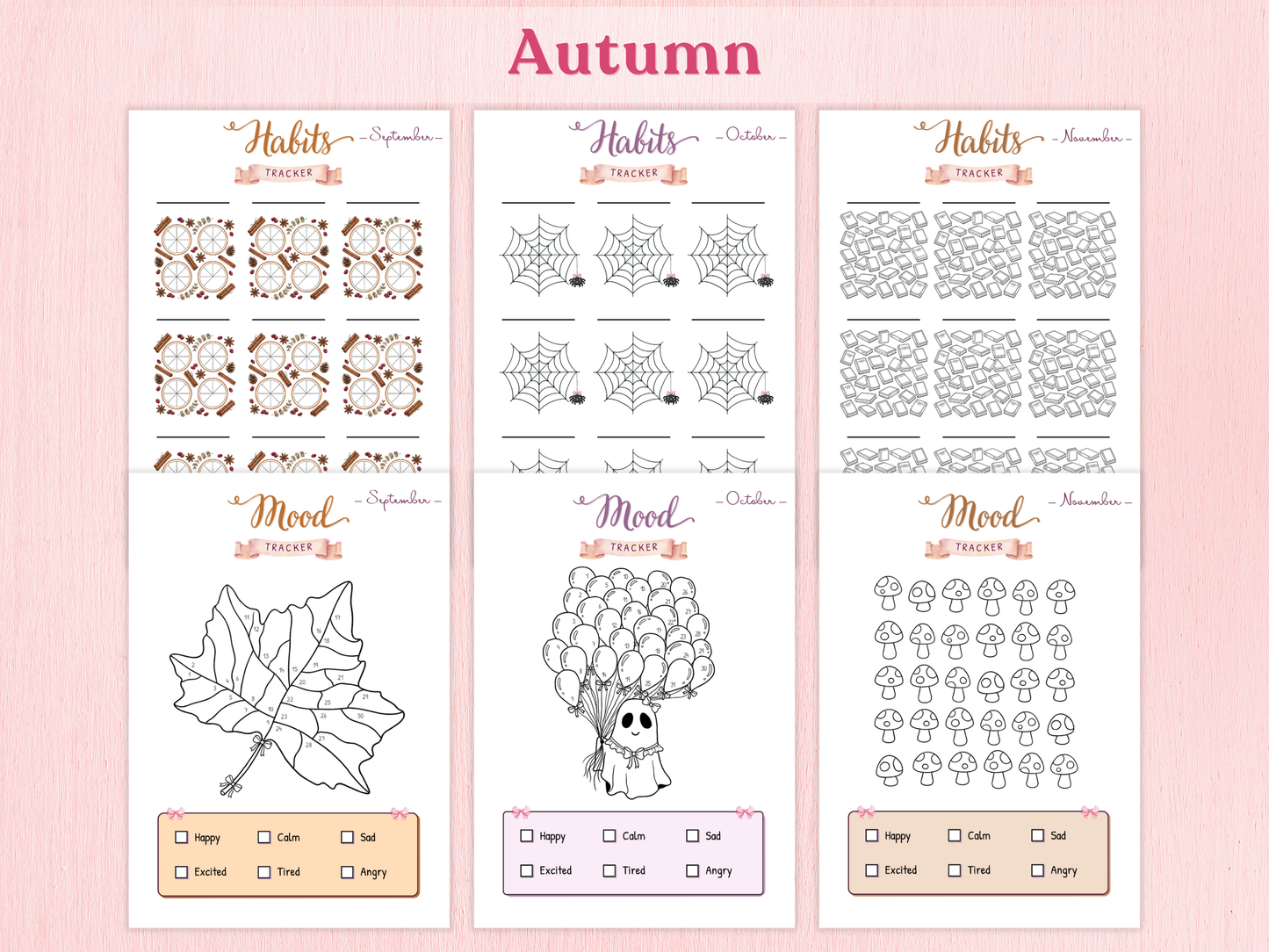 Three autumn-themed habit trackers on a pink background