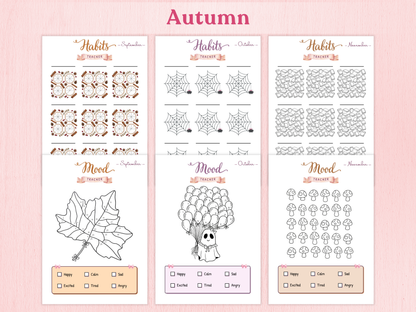 Three autumn-themed habit trackers on a pink background