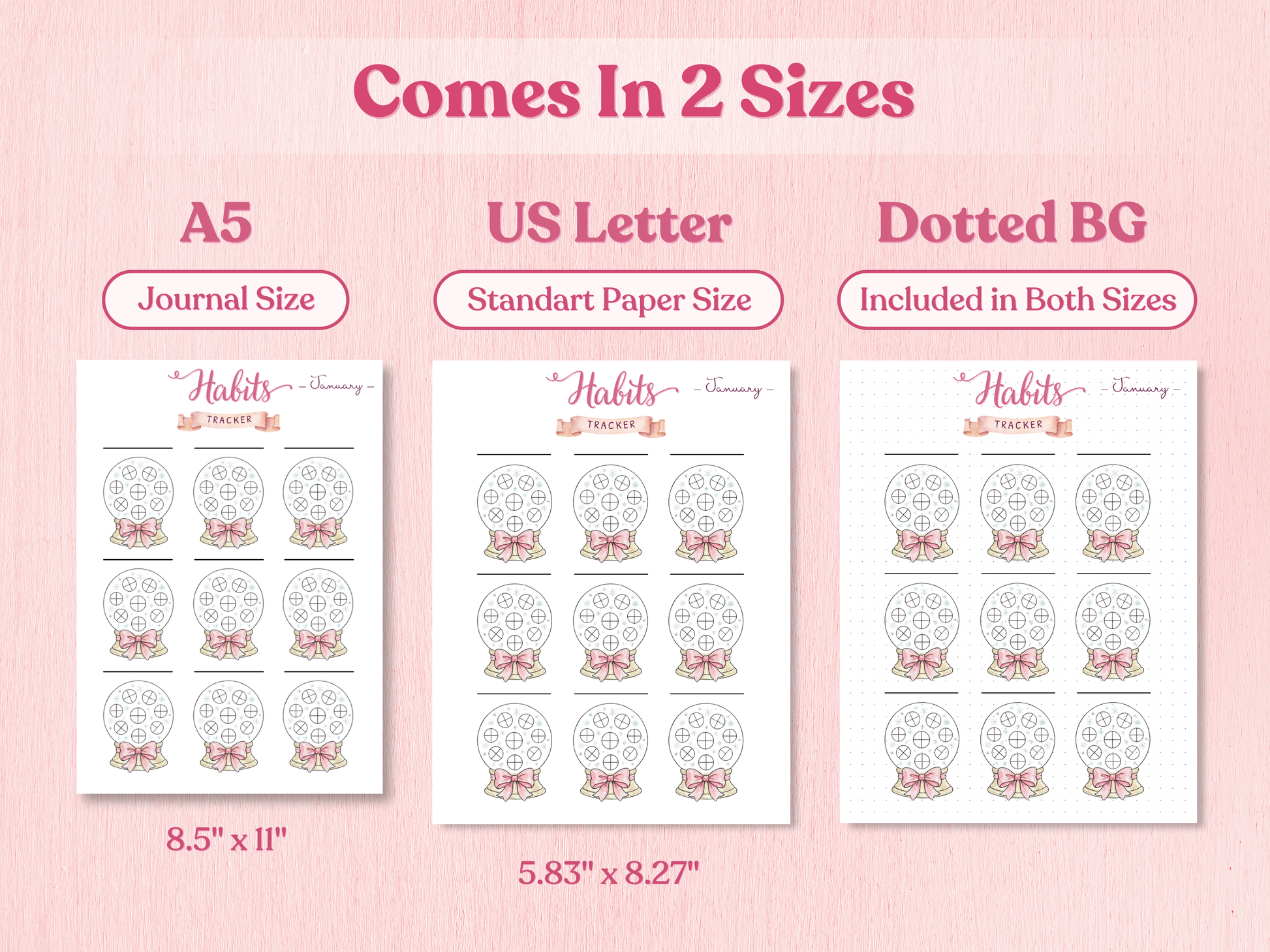 Sheet of planner stickers with text indicating sizes A5, US Letter, and Dotted BG on a pink background.