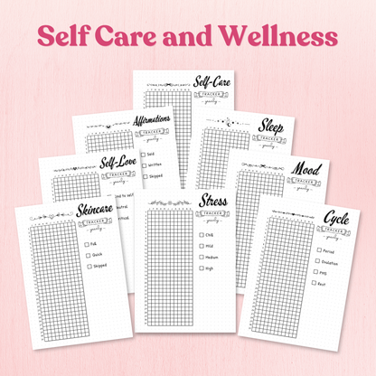 Collection of self-care and wellness tracking sheets on a pink background