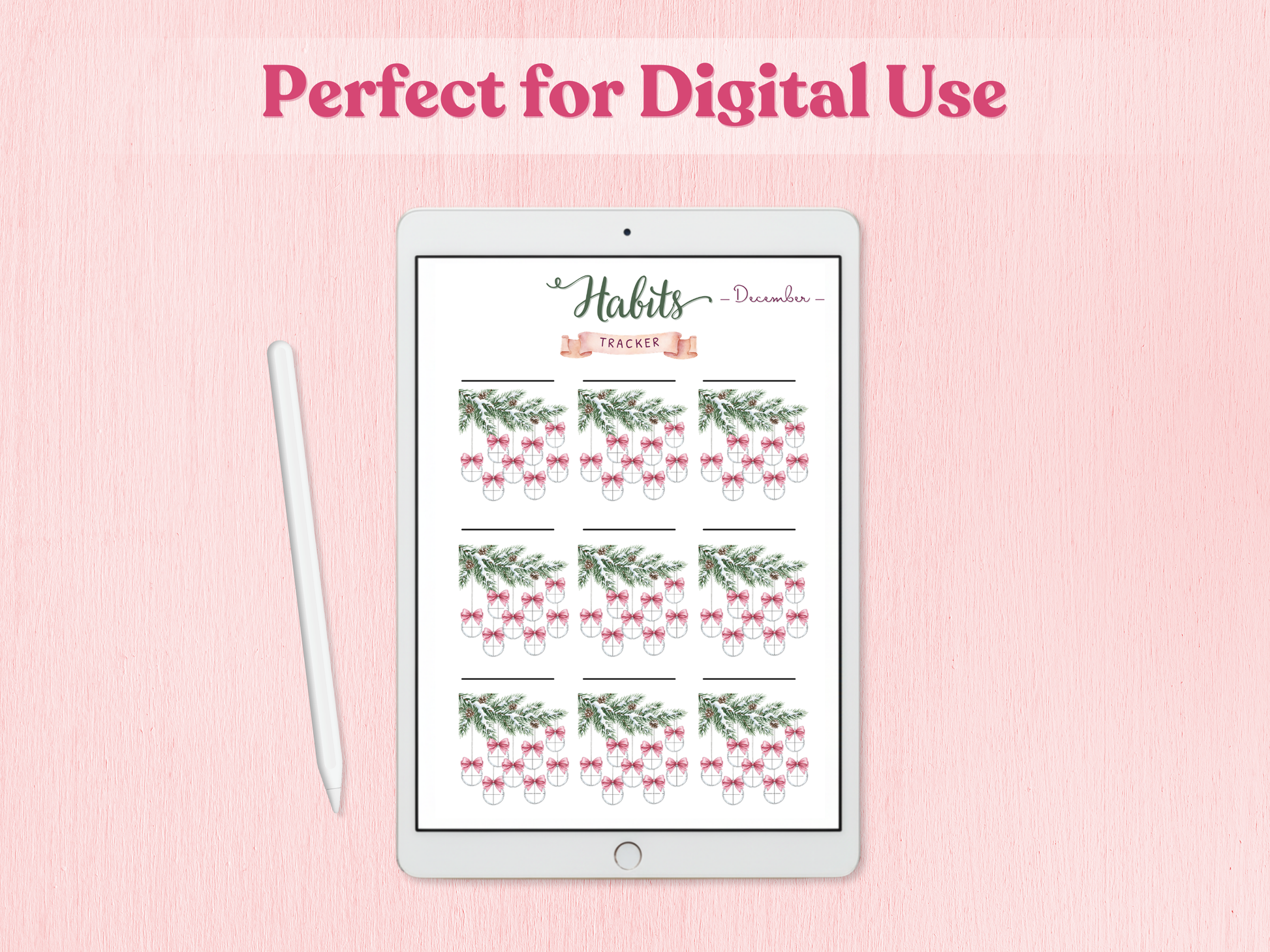 Digital habits planner on a tablet with 'Perfect for Digital Use' text on a pink background