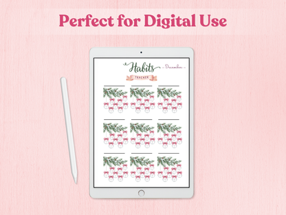 Digital habits planner on a tablet with 'Perfect for Digital Use' text on a pink background