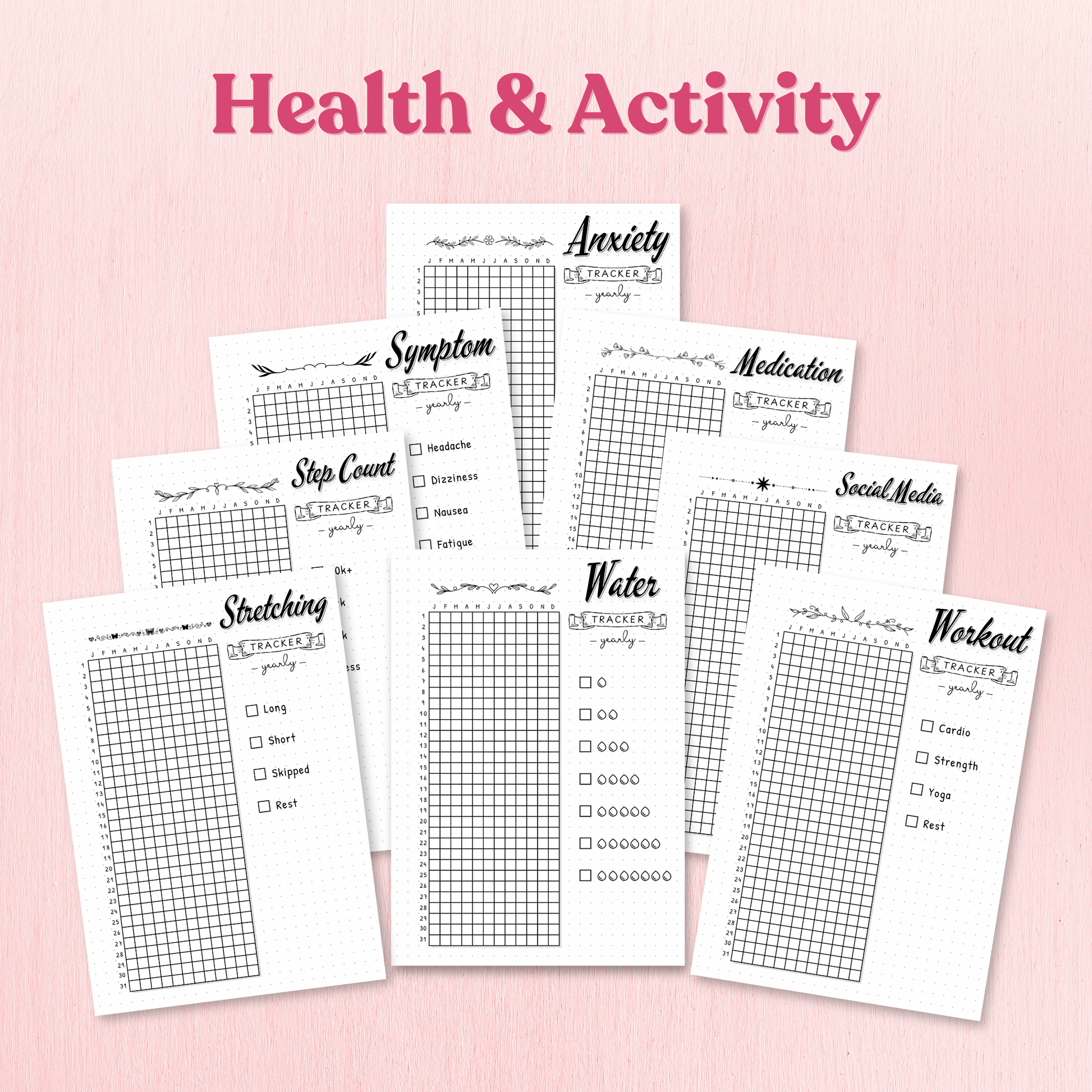 Set of health and activity tracking sheets on a pink background with 'Health & Activity' text.