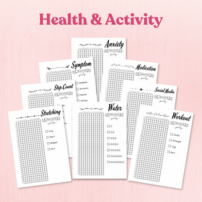 Set of health and activity tracking sheets on a pink background with 'Health & Activity' text.