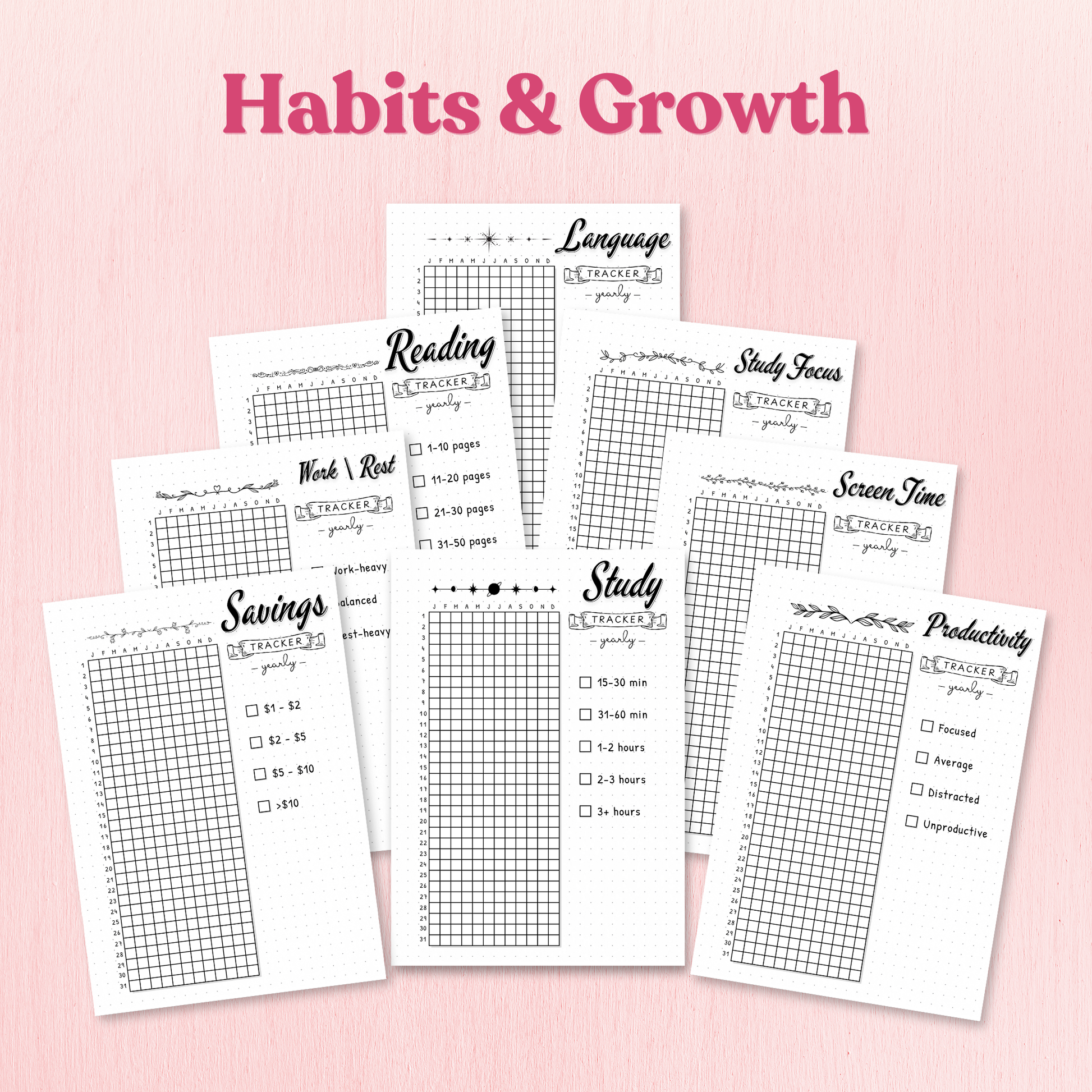 Set of habit tracking sheets on a pink background with 'Habits & Growth' text.