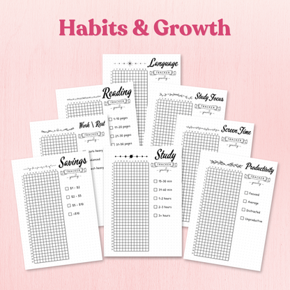 Set of habit tracking sheets on a pink background with 'Habits & Growth' text.