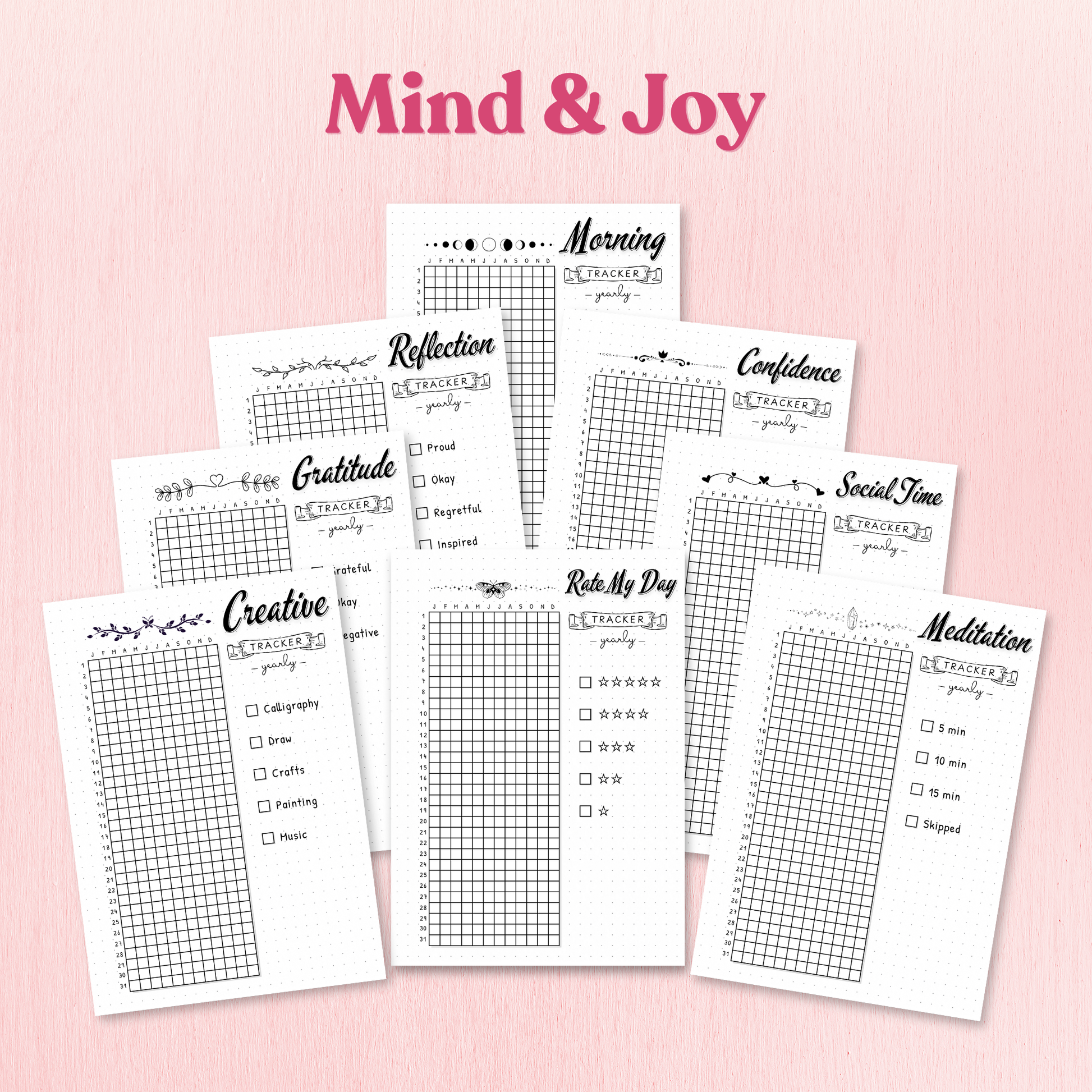 Set of self-improvement worksheets with 'Mind & Joy' branding on a pink background