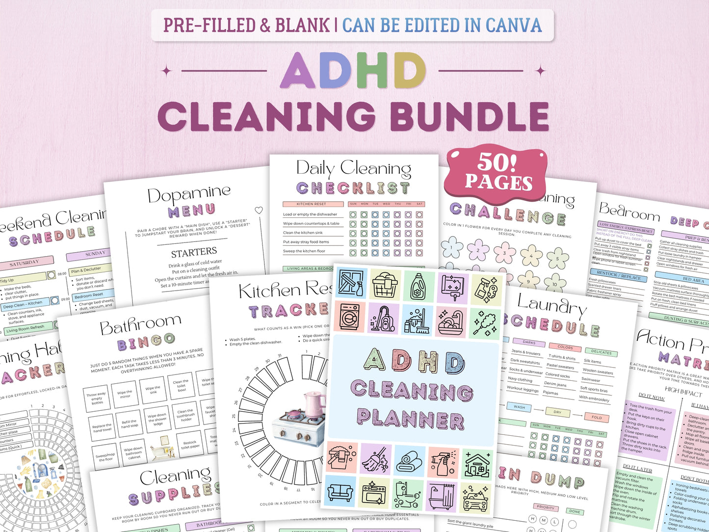ADHD Cleaning & Home Reset Planner (Editable Bundle)