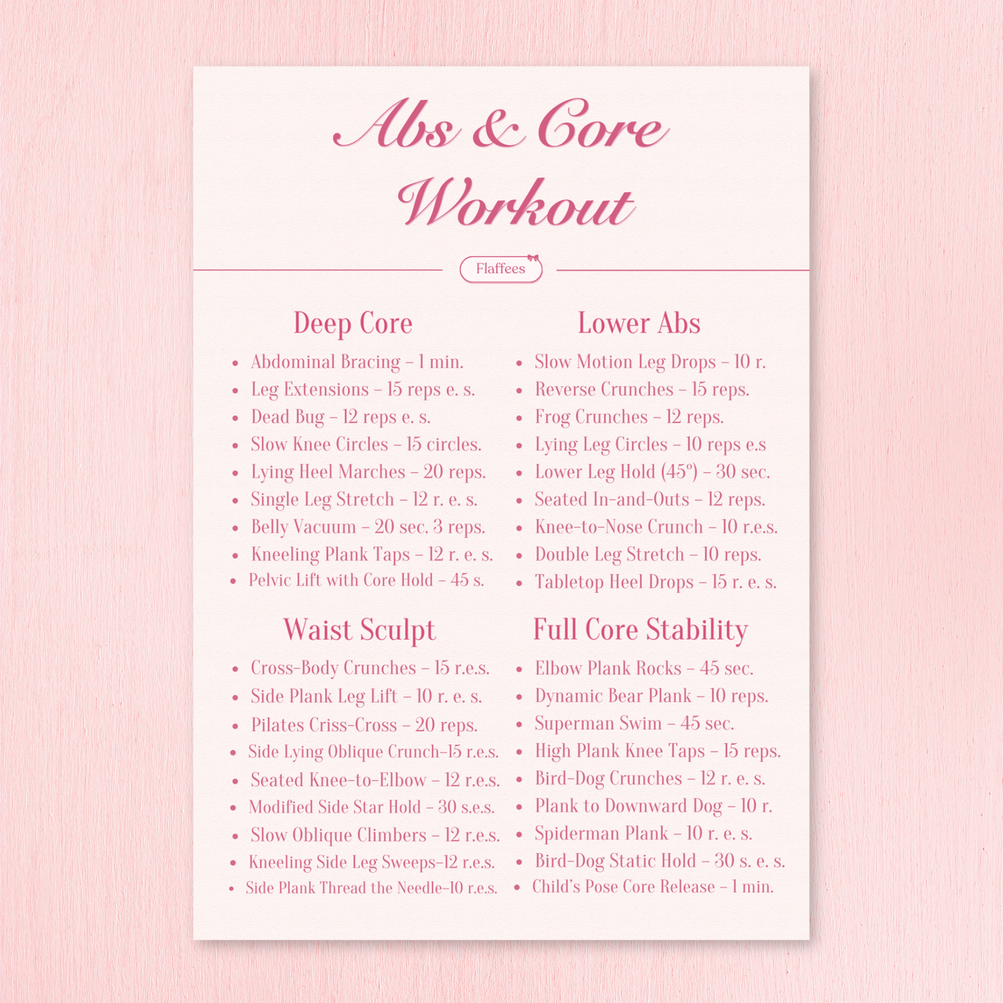 Workout plan for Abs & Core on a pink background