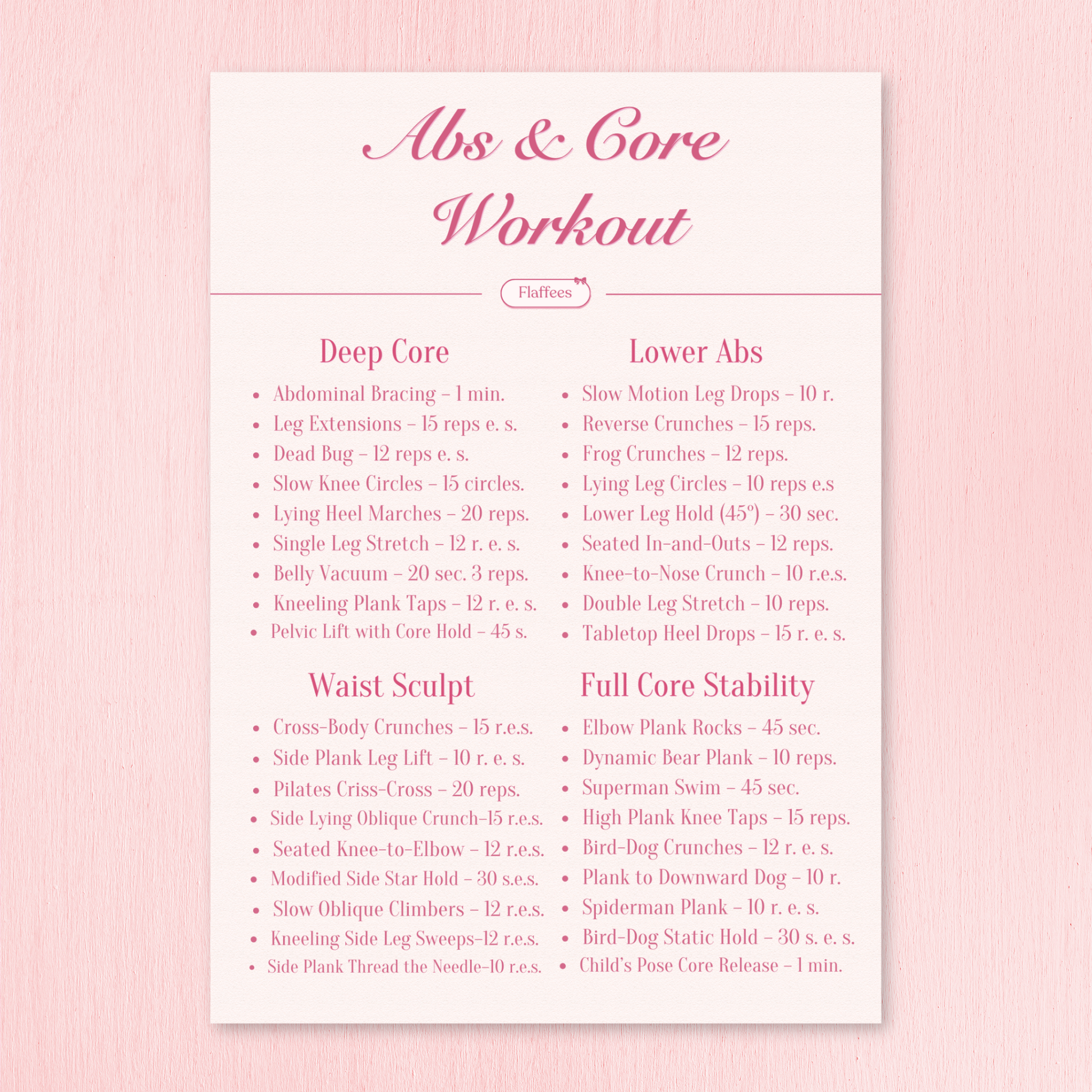 Workout plan for Abs & Core on a pink background
