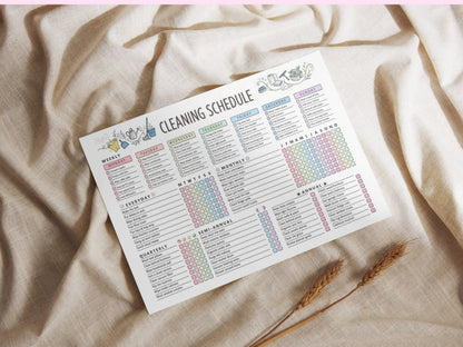 A printed copy of the cleaning schedule layout chart template page placed flat on top of a soft rumpled beige linen fabric background, styled decoratively alongside a single dried stalk of wheat.