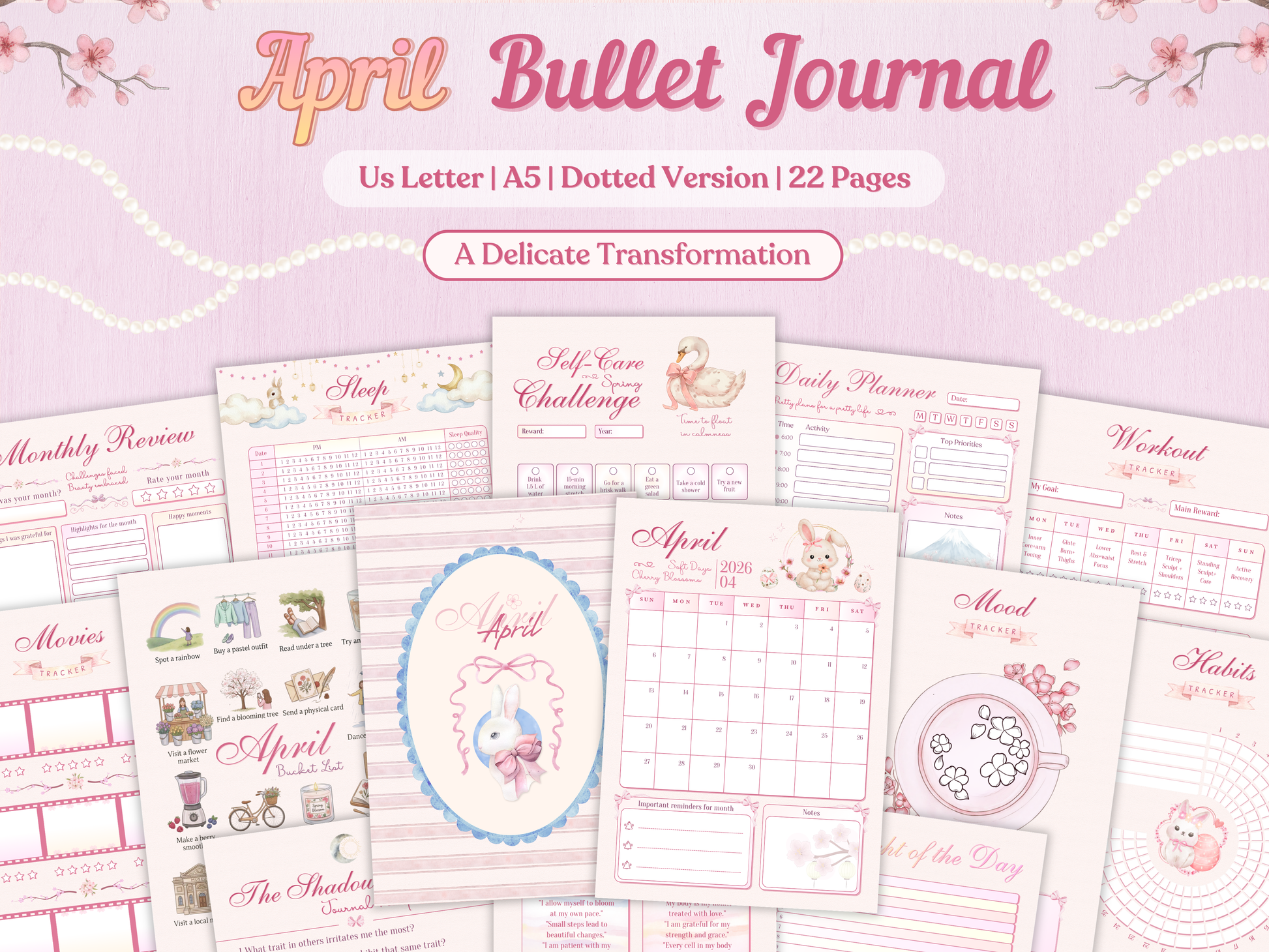 April Bullet Journal bundle cover featuring a cute white rabbit and a graceful swan with a pink bow. Soft pink aesthetic with cherry blossoms and pearls. 22 pages including self-care challenge, daily planners, and habit trackers.