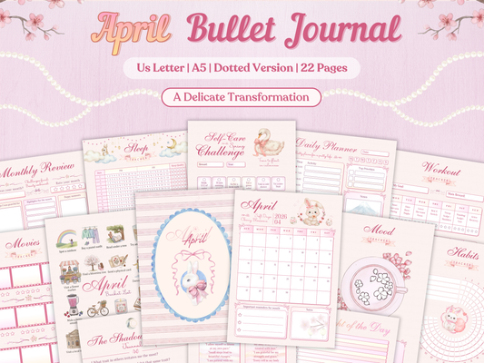 April Bullet Journal bundle cover featuring a cute white rabbit and a graceful swan with a pink bow. Soft pink aesthetic with cherry blossoms and pearls. 22 pages including self-care challenge, daily planners, and habit trackers.