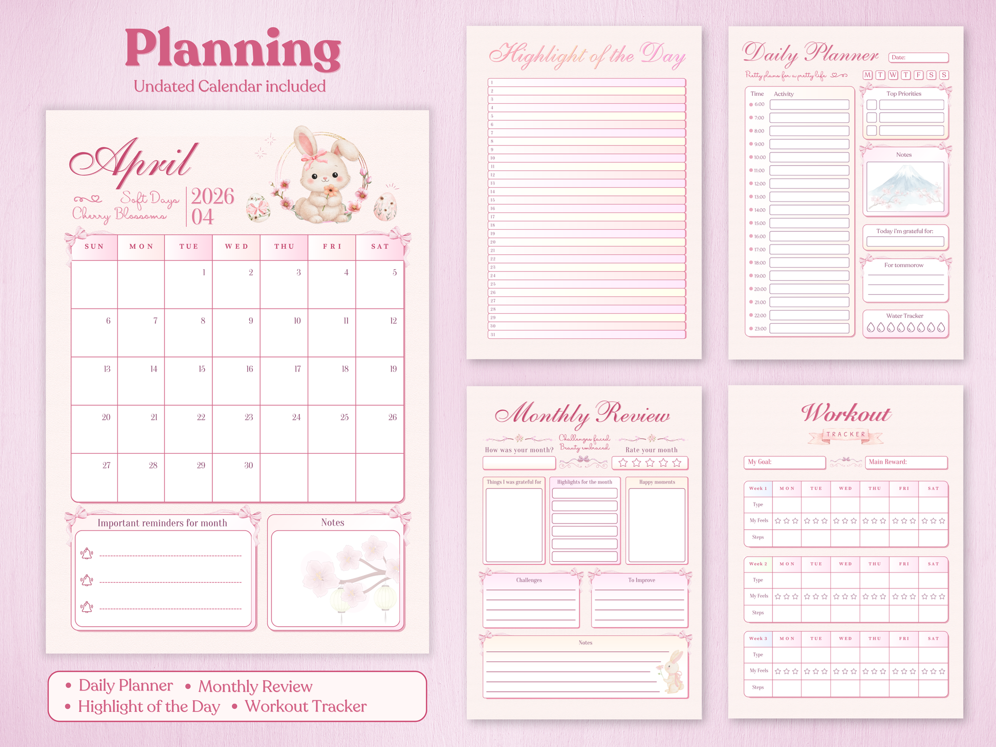 Planning pages for April: undated monthly calendar, daily planner with time schedule, monthly review with gratitude section, and highlight of the day tracker. Decorated with sakura blossoms and a cute bunny